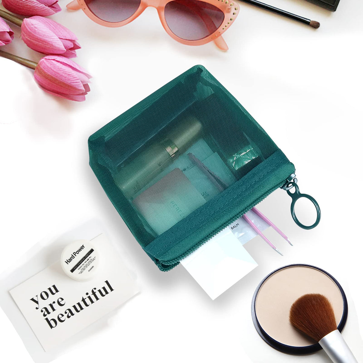 Aosbos 3-Pack Mesh Cosmetic Bag Set - Travel/On-The-Go Makeup Storage, Zipper Closure Small Pouch, Green