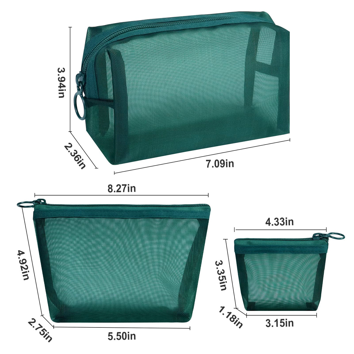 Aosbos 3-Pack Mesh Cosmetic Bag Set - Travel/On-The-Go Makeup Storage, Zipper Closure Small Pouch, Green