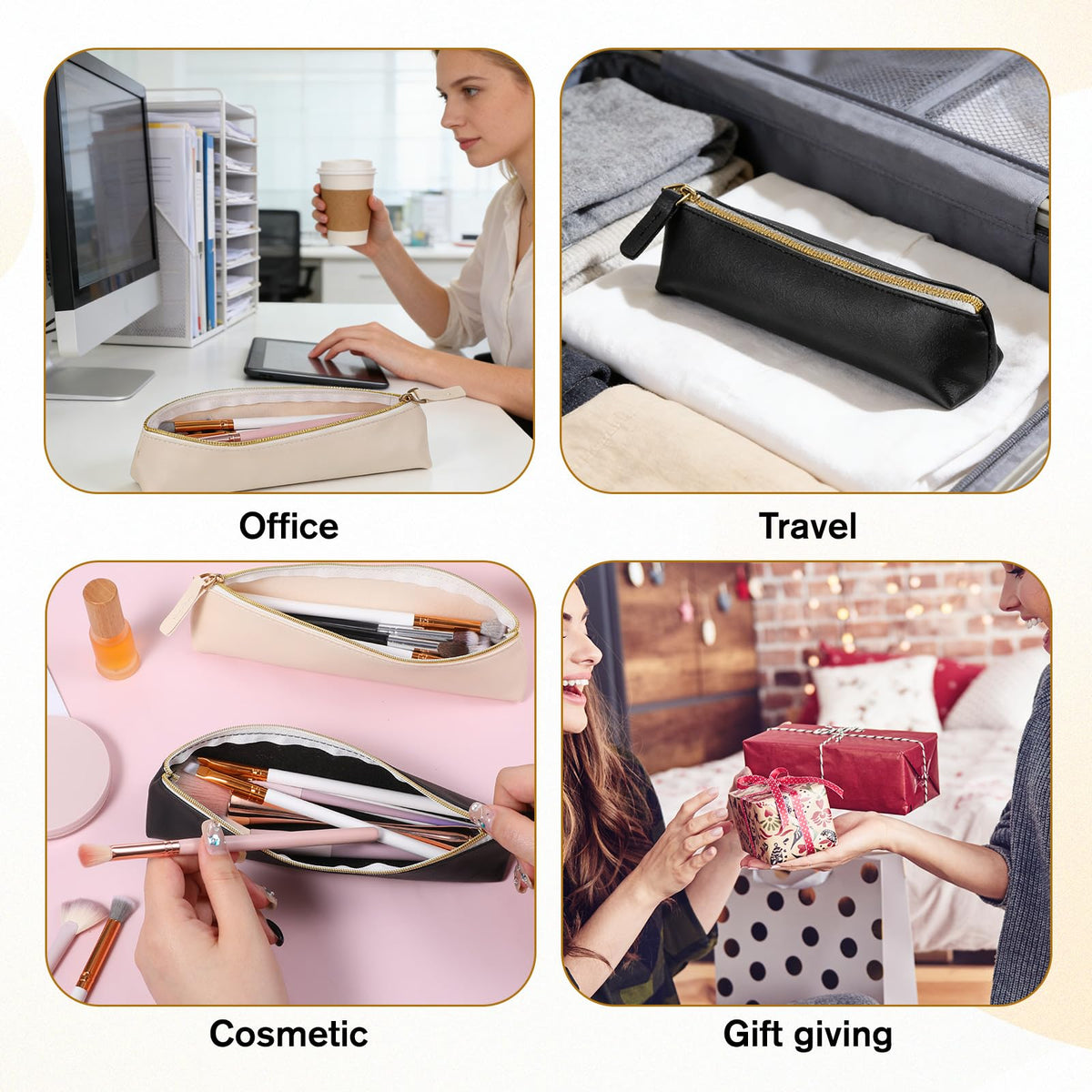 Apojgitn 2Pcs Mini Makeup Bag for Purse, PU Leather Small Makeup Bag Portable Soft Cosmetic Organizer Pouch Waterproof Small lipstick Bags with Zipper for Women Travel Storage(Black, Beige)