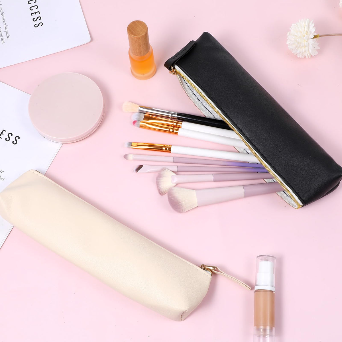 Apojgitn 2Pcs Mini Makeup Bag for Purse, PU Leather Small Makeup Bag Portable Soft Cosmetic Organizer Pouch Waterproof Small lipstick Bags with Zipper for Women Travel Storage(Black, Beige)