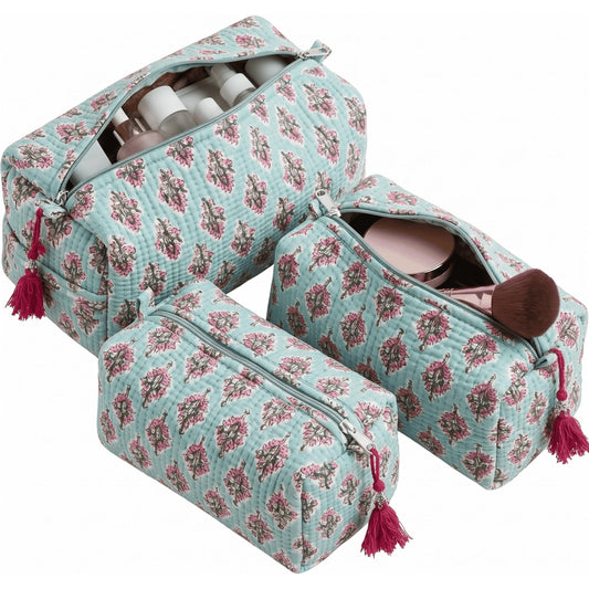 ATOSII Set of 3 100% Cotton Handblock Print Quilted Toiletry Cosmetic Makeup Travel Bag for Women, Waterproof Inner Lining, Jewelry Essentials Storage Case, Toiletries Pouch Purse, Blubell
