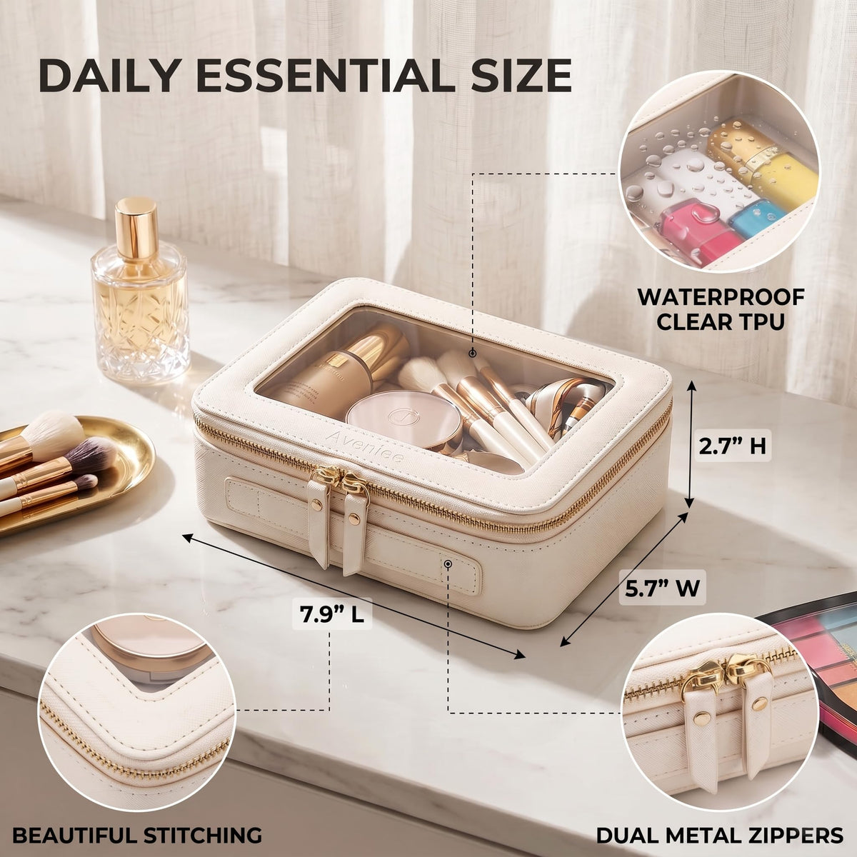 Aveniee Clear Makeup Bag Organizer, Travel Toiletry Bag Cosmetic Case for Women, Make Up Skincare Pouch Car Organizer Bag with Zippers for Essentials,White,Medium Classic