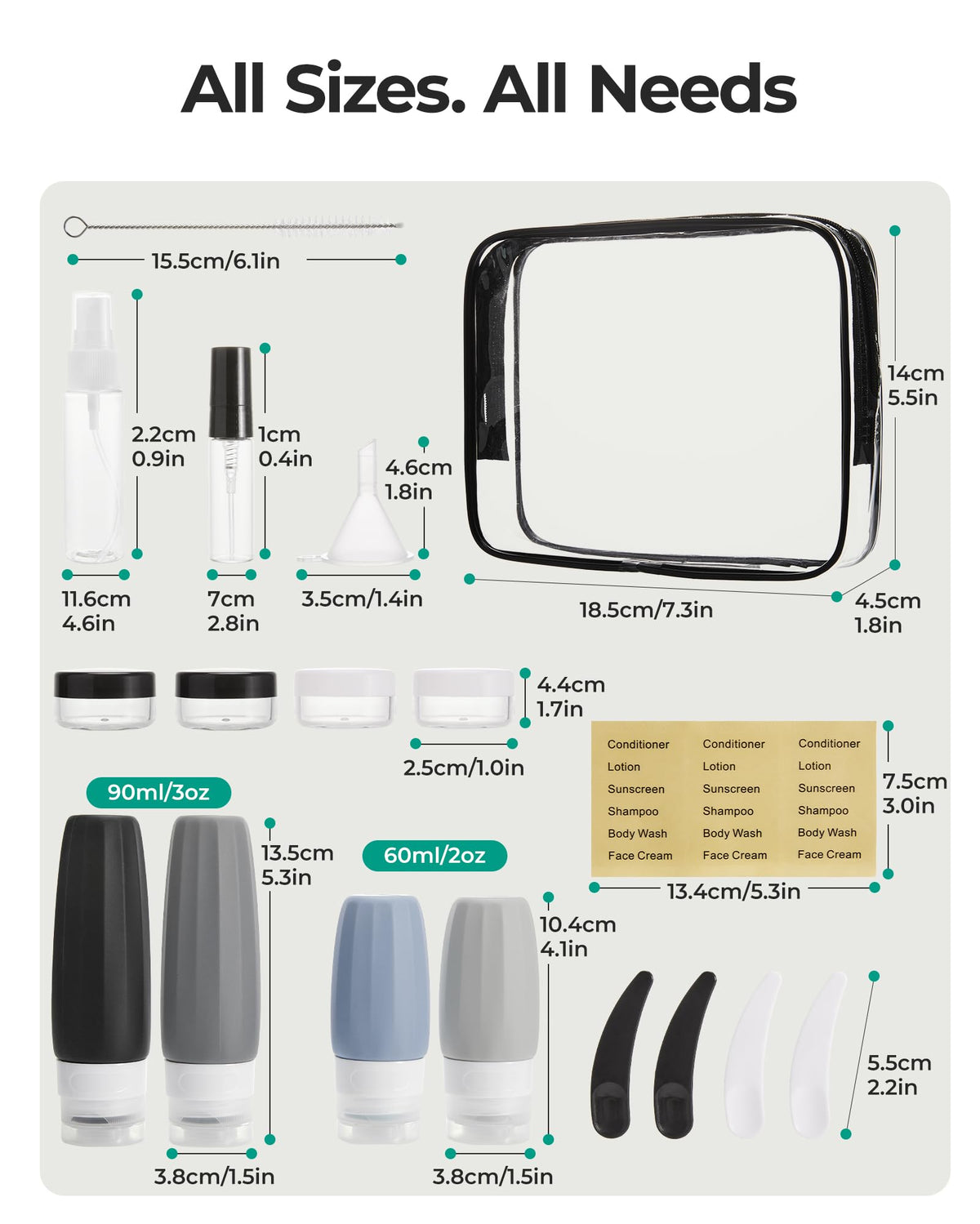 BAGSMART 18 Pack TSA Approved Travel Bottles for Toiletries, Leak Proof Silicone Travel Size Containers Bottles for Shampoo, Grey