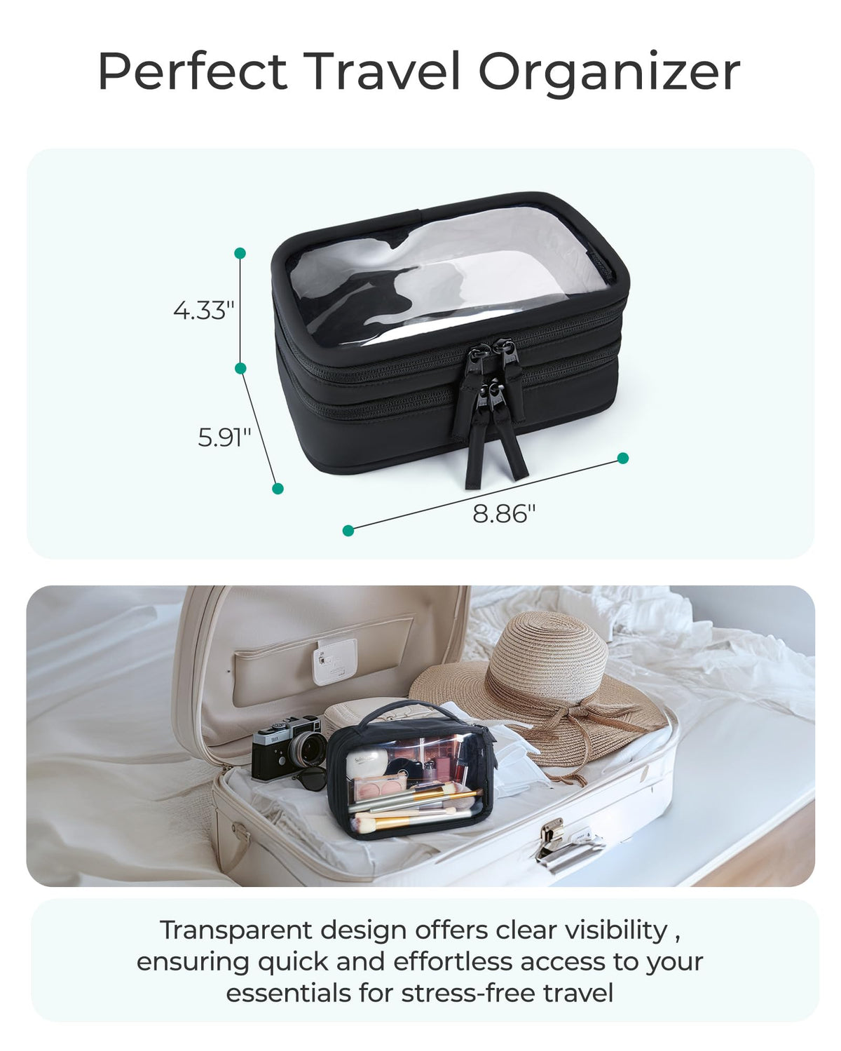 BAGSMART Double Layer Clear Makeup Bag, TSA-Approved Toiletry Bag, Large Opening with Handle, Cute Water-Resistant Travel Cosmetic Bag with Double Zipper for Car Essentials(Pink)