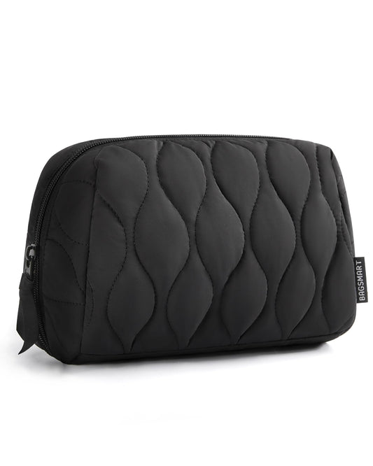 BAGSMART Makeup Bag, Travel Cosmetic Bag, Puffy Padded Make Up Bag for Women, Makeup Organizer Case, Wide-open Pouch Purse, Travel Essentials, Toiletries Accessories Brushes, Black