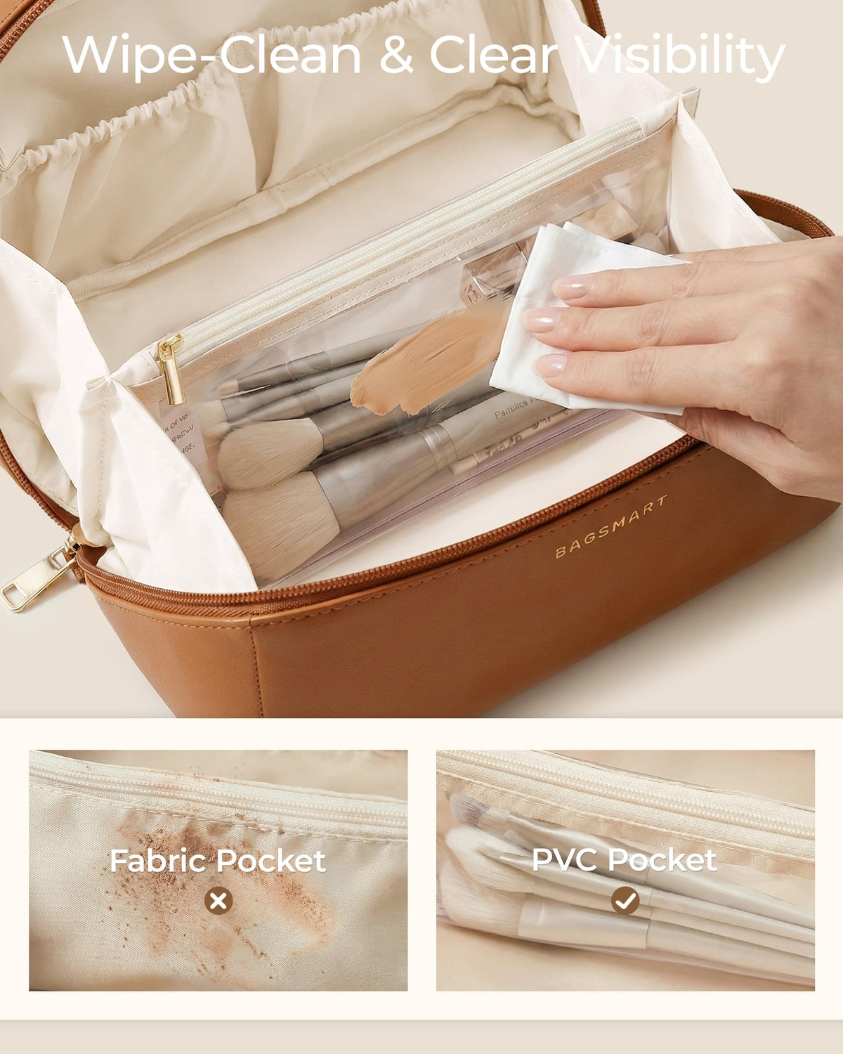 BAGSMART Makeup Bag Travel Cosmetic Bag,Women Toiletry Case, Classic Brown
