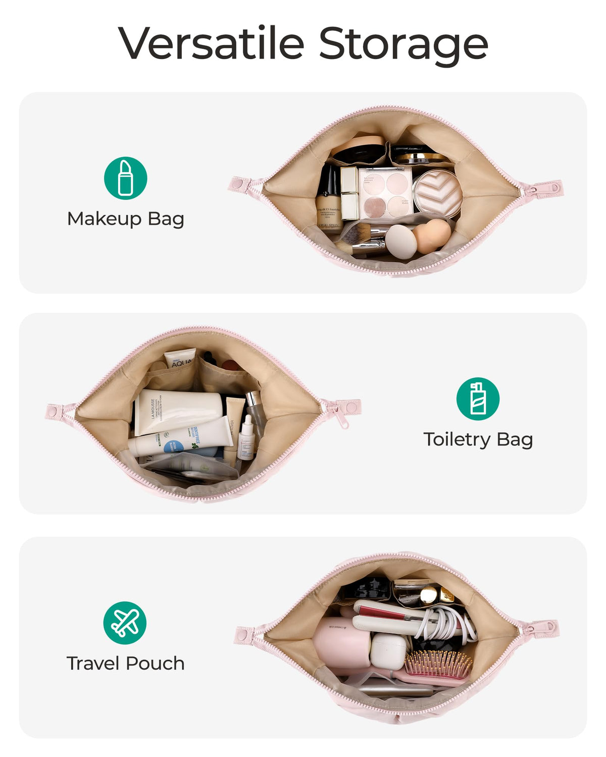 BAGSMART Makeup Bag Travel Toiletry Bag, Cute Make Up Bag, Large Capacity Cosmetic Bags for Women, Wide-open Makeup Pouch Travel Essentials Toiletries Accessories Brushes (Pink)
