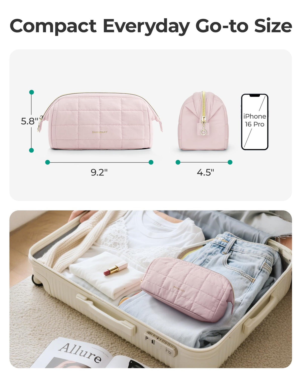 BAGSMART Makeup Bag Travel Toiletry Bag, Puffy Padded Make Up Bags for Women Makeup Organizer Case, Wide-open Pouch Purse Travel Essentials Toiletries Accessories Brushes, Ditsy Cherry