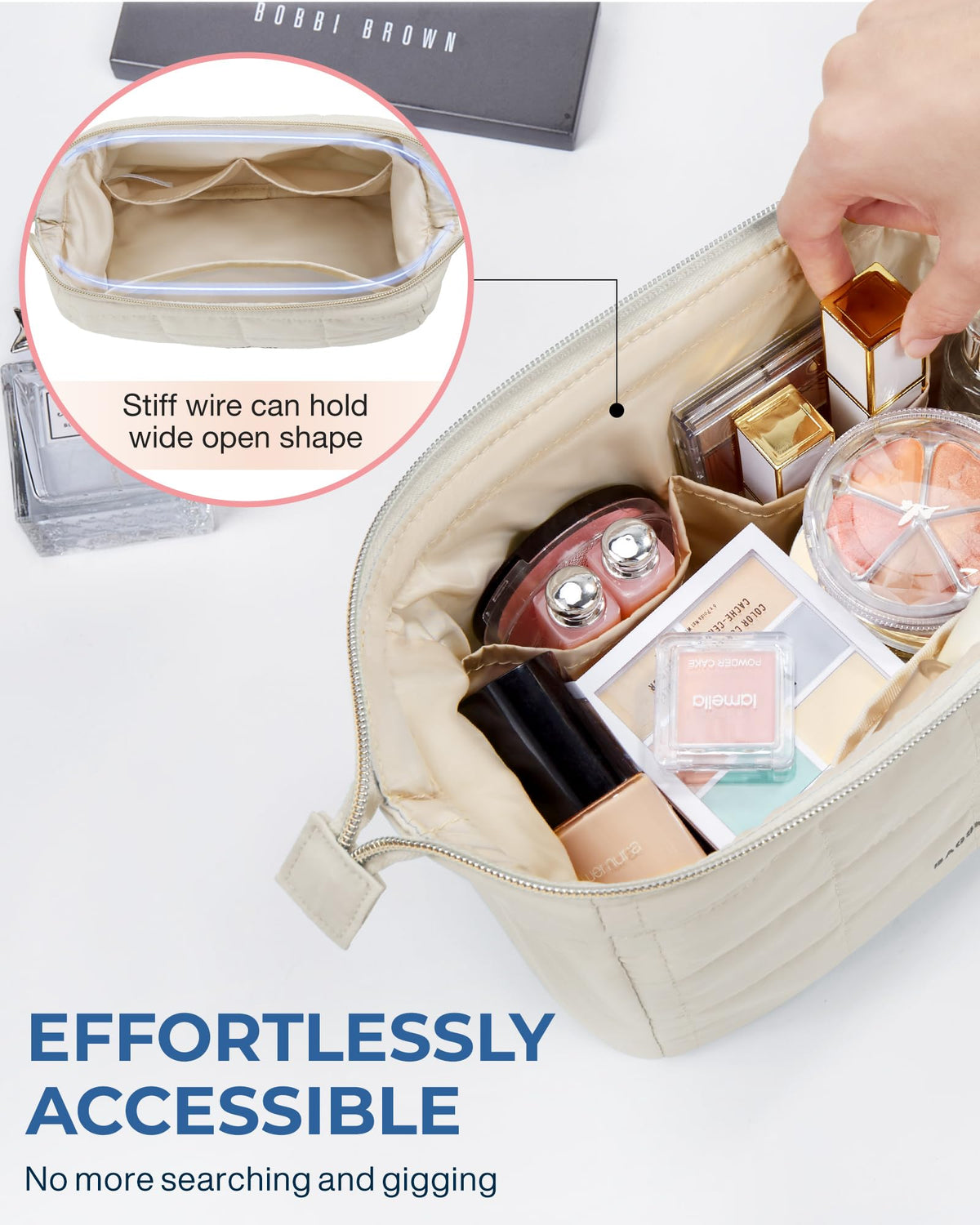 BAGSMART Makeup Bag Travel Toiletry Bag, Wide-open Zipper Pouch, Beige