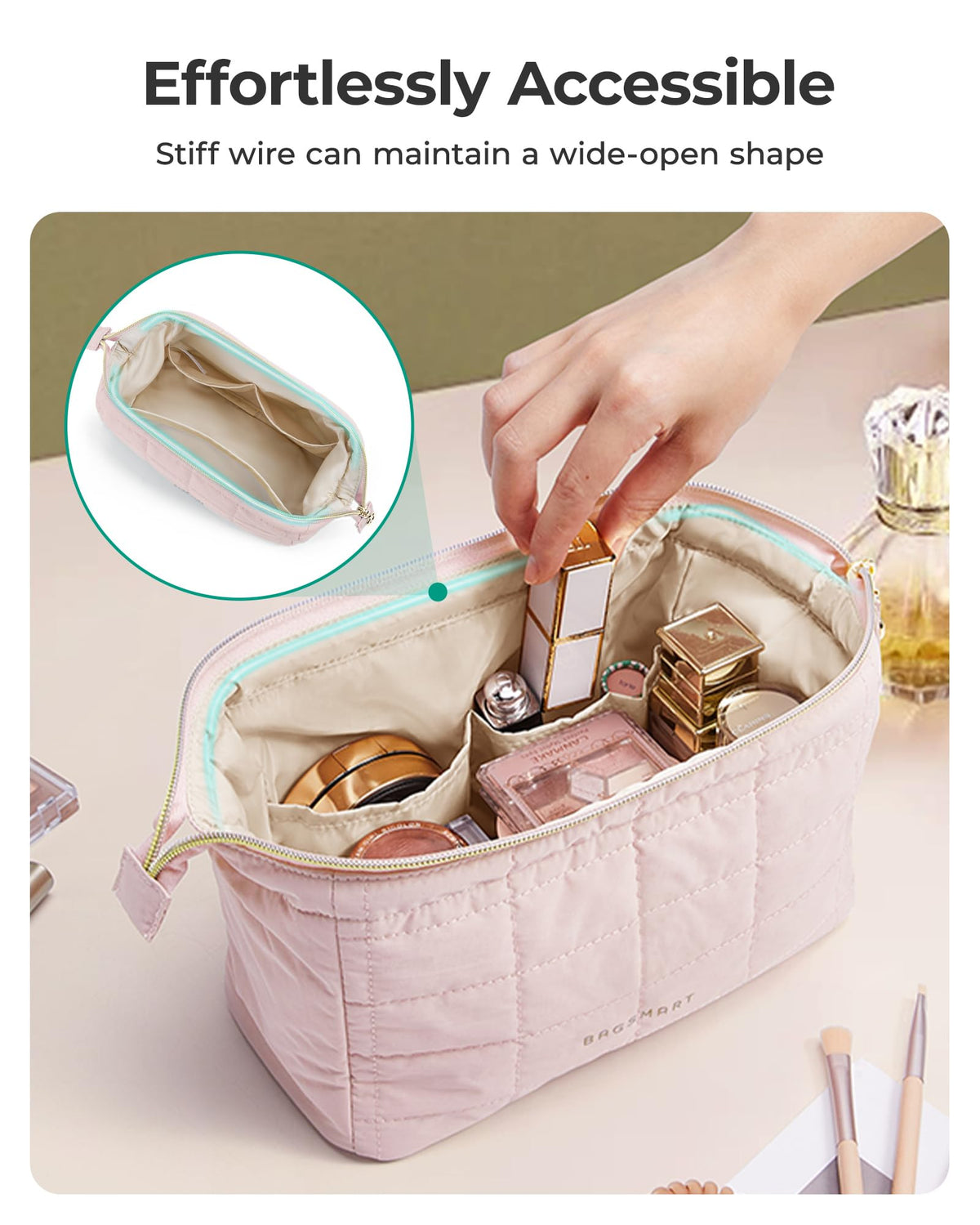 BAGSMART Makeup Bag Travel Toiletry Bag, Wide-open Zipper Pouch, Pink