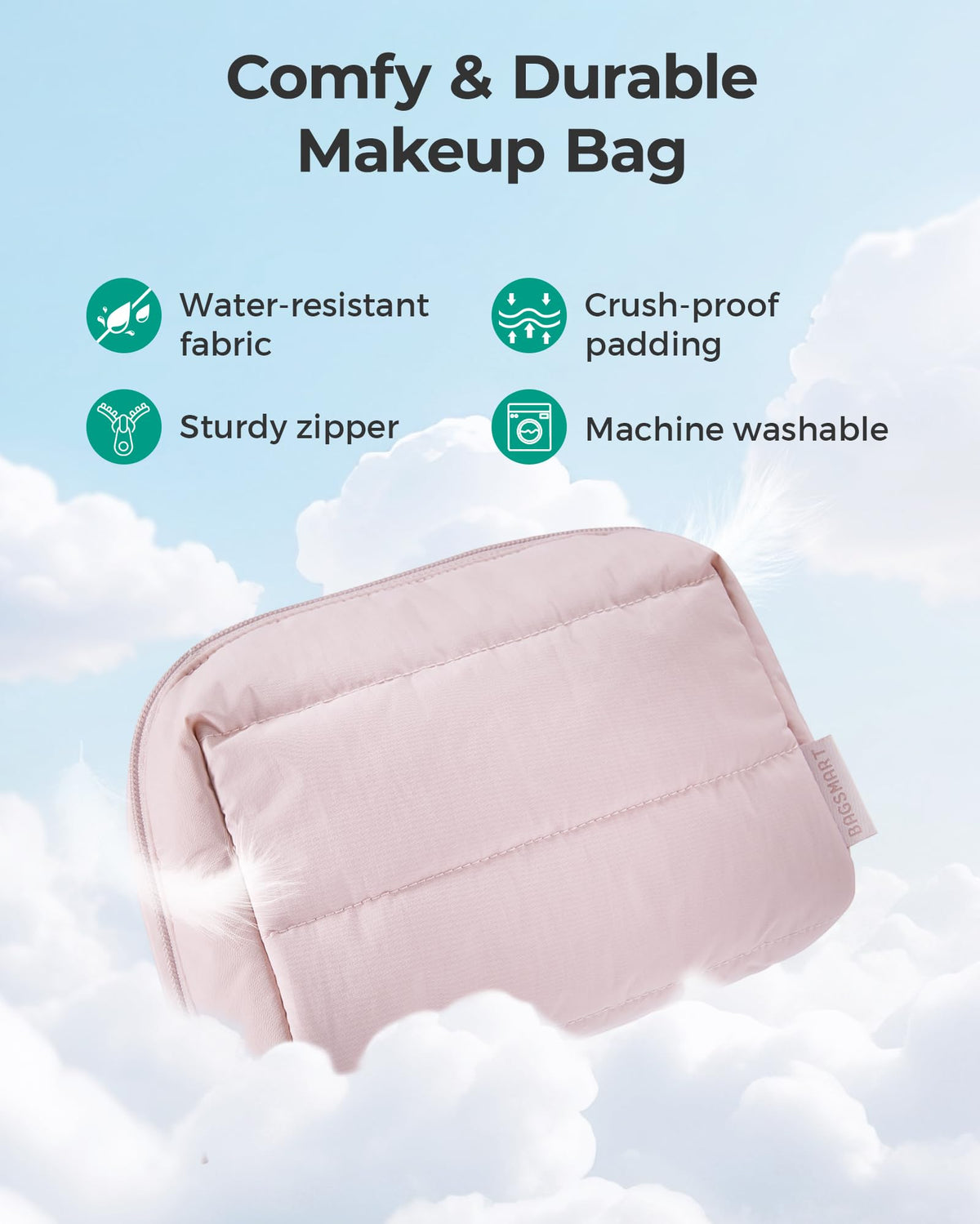 BAGSMART Small Makeup Bag, Puffy Wide-open Zipper Cosmetic Pouch, Pink