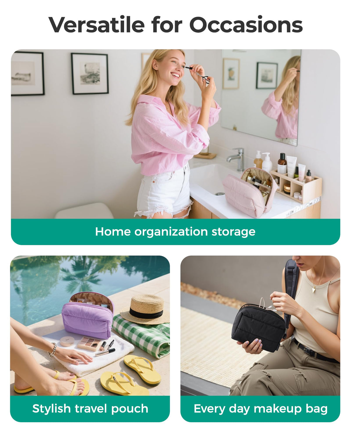 BAGSMART Small Makeup Bag, Puffy Wide-open Zipper Cosmetic Pouch, Pink