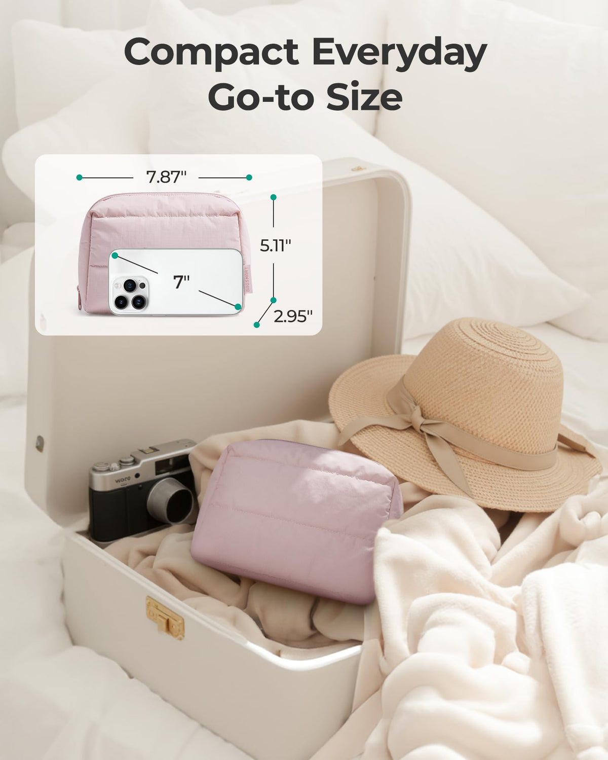 BAGSMART Small Makeup Bag, Puffy Wide-open Zipper Cosmetic Pouch, Pink