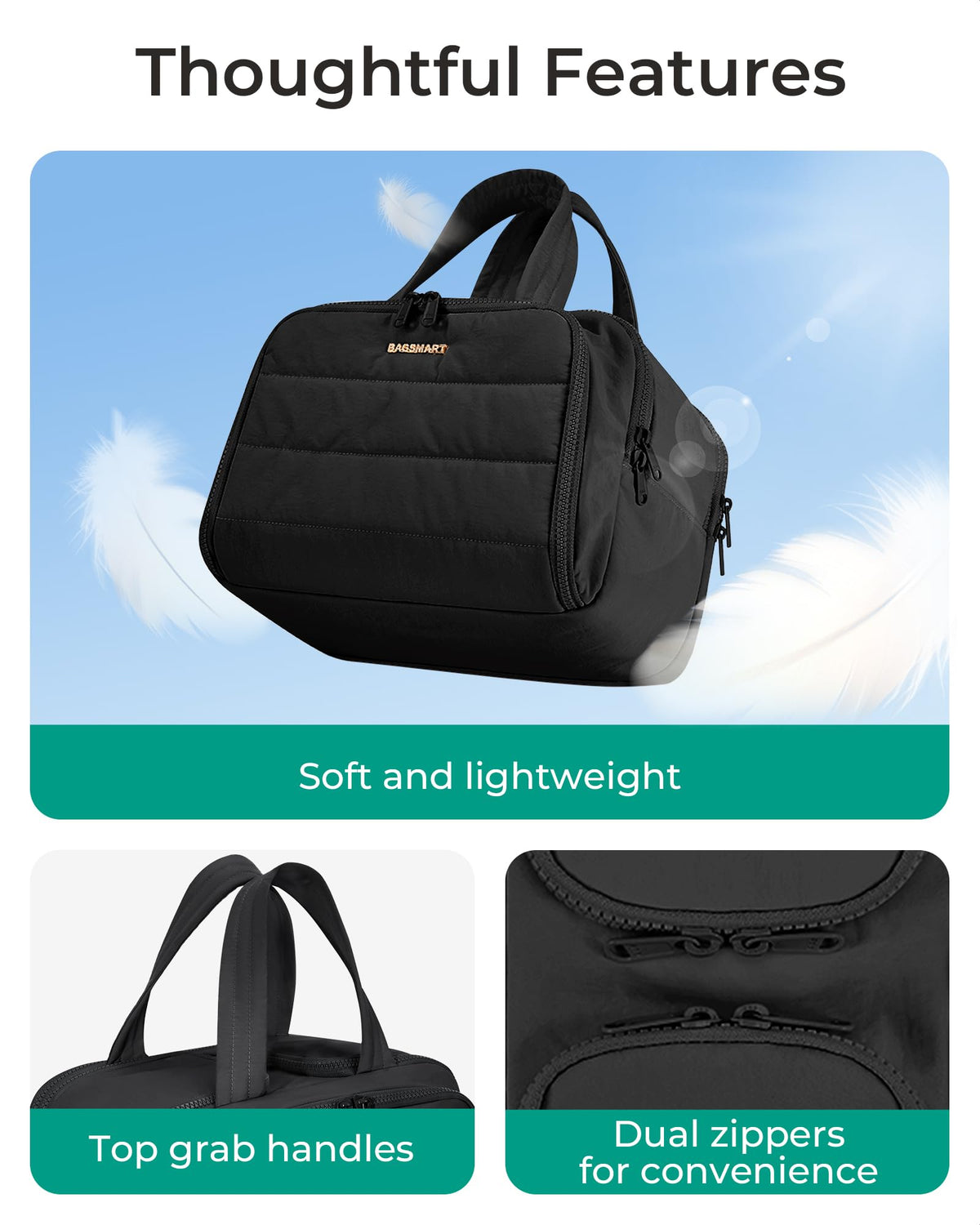 BAGSMART Travel Toiletry Bag, Lightweight Large Wide-open Travel Bag for Women, Puffy Cosmetic Makeup Bag Organizer with Handle for Accessories,Essentials, Toiletries, Black