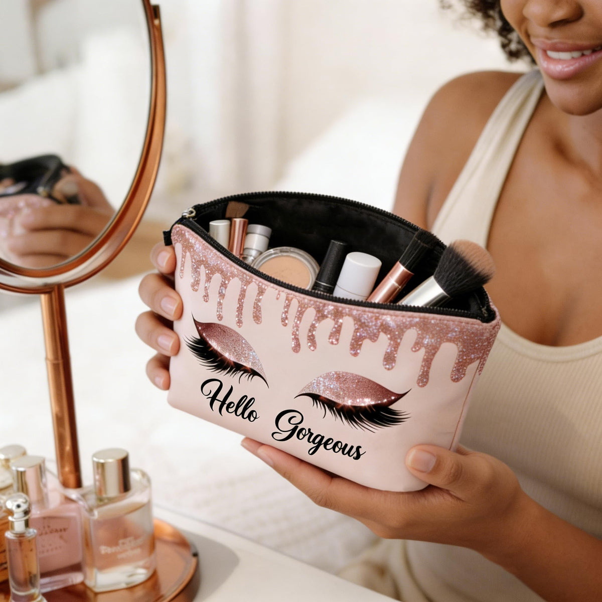 Baobeily Hello Gorgeous Makeup Bag for Purse Eyelash Pink Cosmetic Bags for Women Inspirational Gift Small Funny Cosmetics Glitters Eyeshadows Travel Bag Cases for Toiletries Accessories Organizer