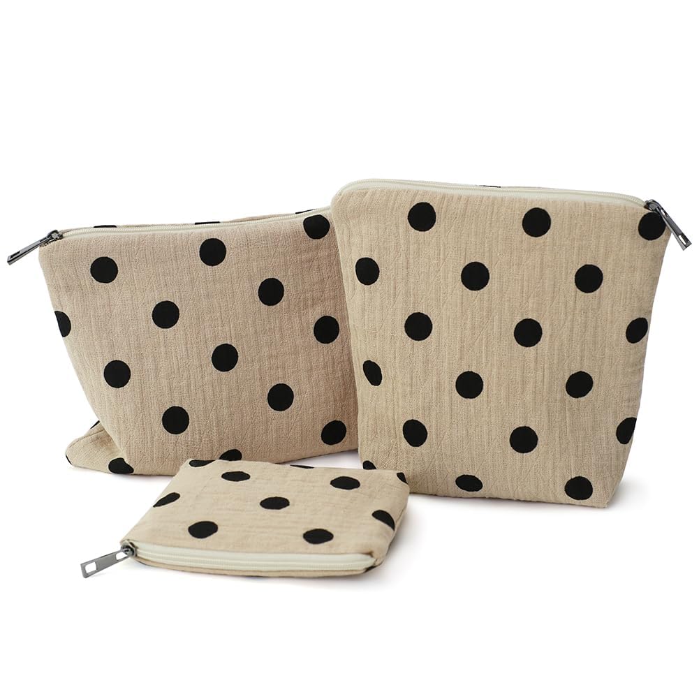 BBORGDC Small Cosmetic Bag Set of 3 for Purse, Beige Polka Dot Cotton Makeup Bags, 3 Sizes Zipper Pouch Organizer for Travel & Toiletries, Gift for Her Birthday, Bridesmaid & Best Friend