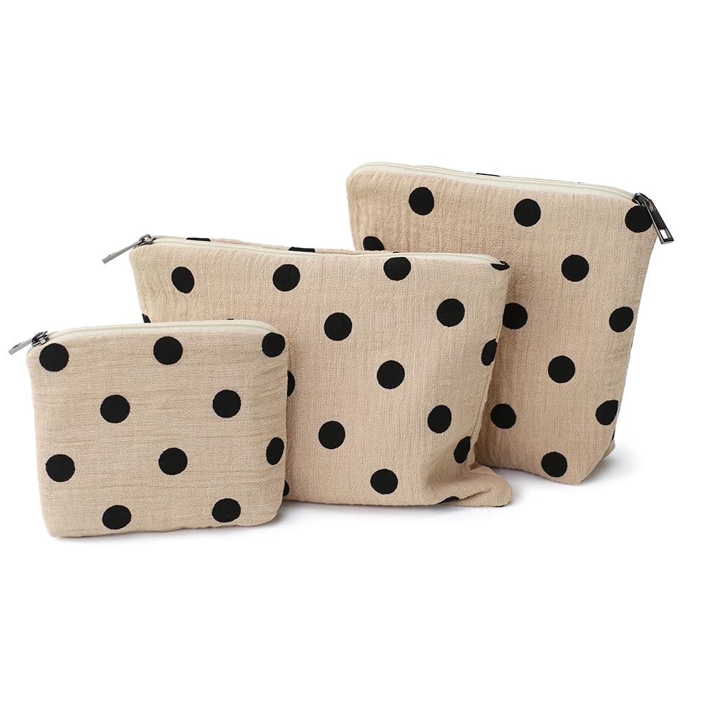 BBORGDC Small Cosmetic Bag Set of 3 for Purse, Beige Polka Dot Cotton Makeup Bags, 3 Sizes Zipper Pouch Organizer for Travel & Toiletries, Gift for Her Birthday, Bridesmaid & Best Friend