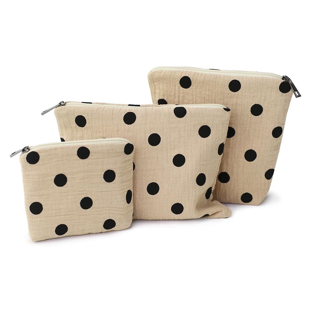 BBORGDC Small Cosmetic Bag Set of 3 for Purse, Beige Polka Dot Cotton Makeup Bags, 3 Sizes Zipper Pouch Organizer for Travel & Toiletries, Gift for Her Birthday, Bridesmaid & Best Friend