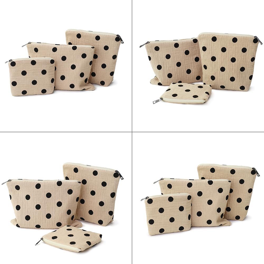 BBORGDC Small Cosmetic Bag Set of 3 for Purse, Beige Polka Dot Cotton Makeup Bags, 3 Sizes Zipper Pouch Organizer for Travel & Toiletries, Gift for Her Birthday, Bridesmaid & Best Friend