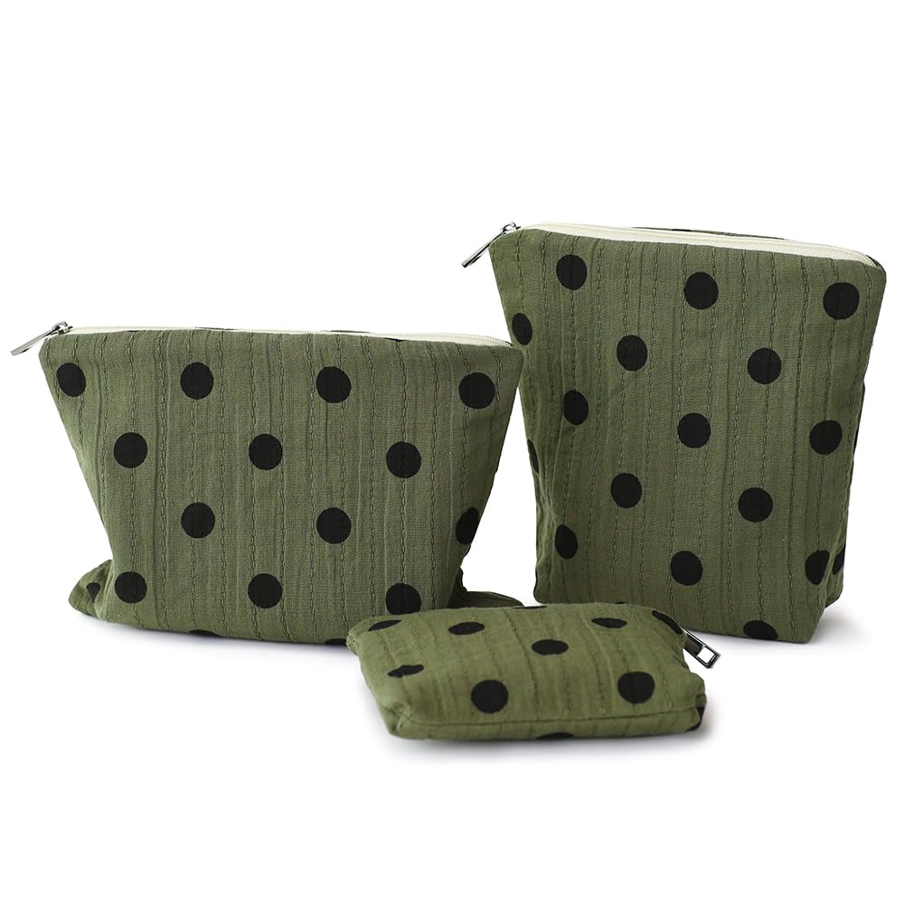 BBORGDC Small Cosmetic Bag Set of 3 for Purse, Dark Green Polka Dot Cotton Makeup Pouch Set, 3 Sizes Zipper Organizer for Travel & Toiletries, Gift for Her Birthday, Bridesmaid & Best Friend