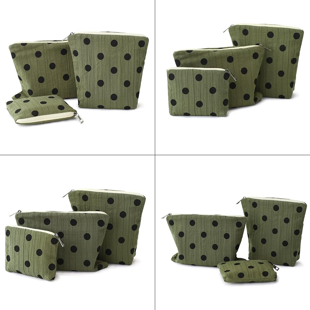 BBORGDC Small Cosmetic Bag Set of 3 for Purse, Dark Green Polka Dot Cotton Makeup Pouch Set, 3 Sizes Zipper Organizer for Travel & Toiletries, Gift for Her Birthday, Bridesmaid & Best Friend