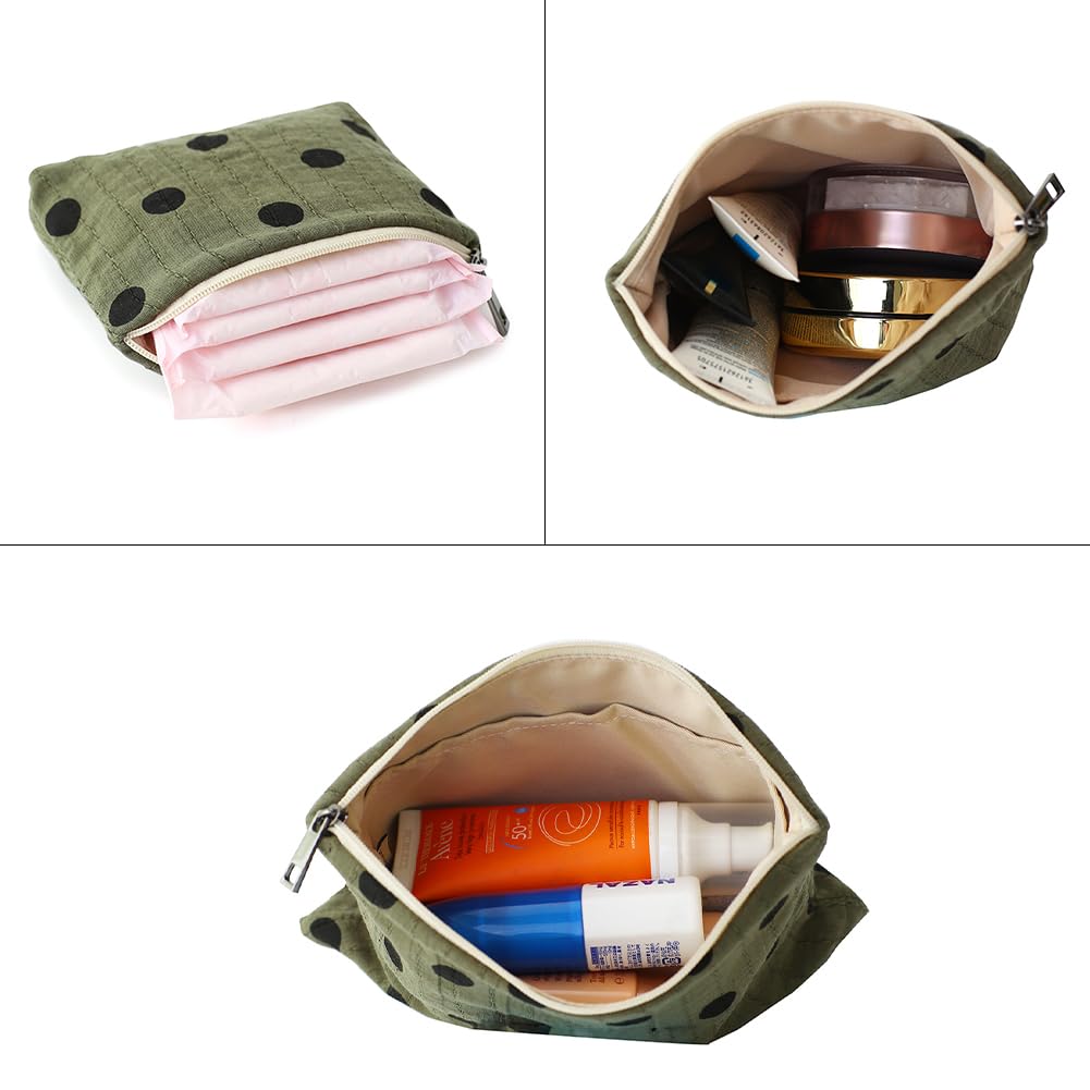 BBORGDC Small Cosmetic Bag Set of 3 for Purse, Dark Green Polka Dot Cotton Makeup Pouch Set, 3 Sizes Zipper Organizer for Travel & Toiletries, Gift for Her Birthday, Bridesmaid & Best Friend