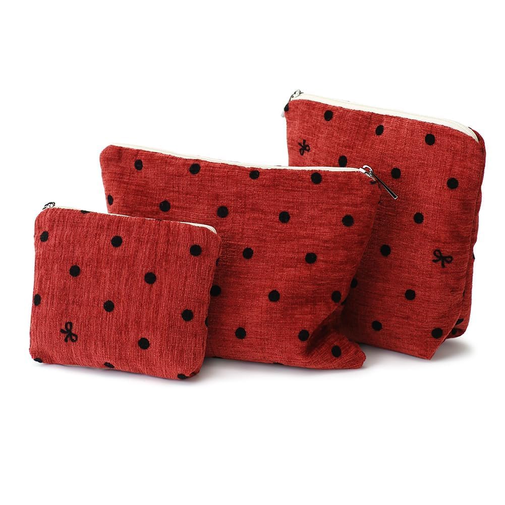 BBORGDC Small Cosmetic Bag Set of 3 for Purse, Red Polka Dot Makeup Bags, 3 Sizes Zipper Pouch Organizer for Travel & Toiletries, Gift for Her Birthday, Bridesmaid & Best Friend