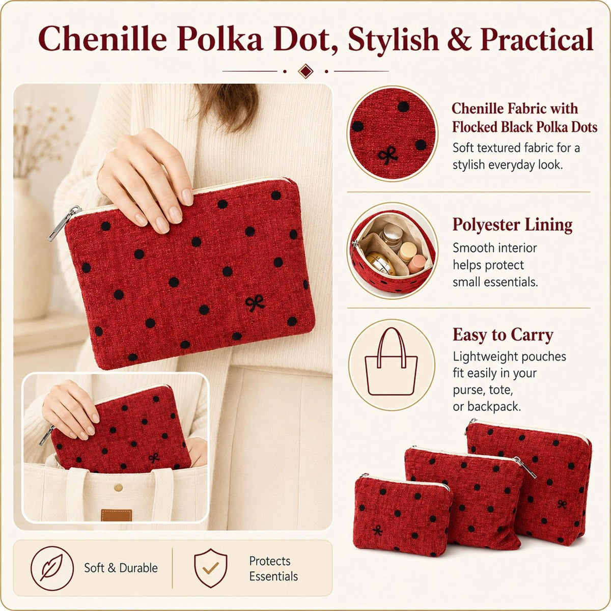 BBORGDC Small Cosmetic Bag Set of 3 for Purse, Red Polka Dot Makeup Bags, 3 Sizes Zipper Pouch Organizer for Travel & Toiletries, Gift for Her Birthday, Bridesmaid & Best Friend