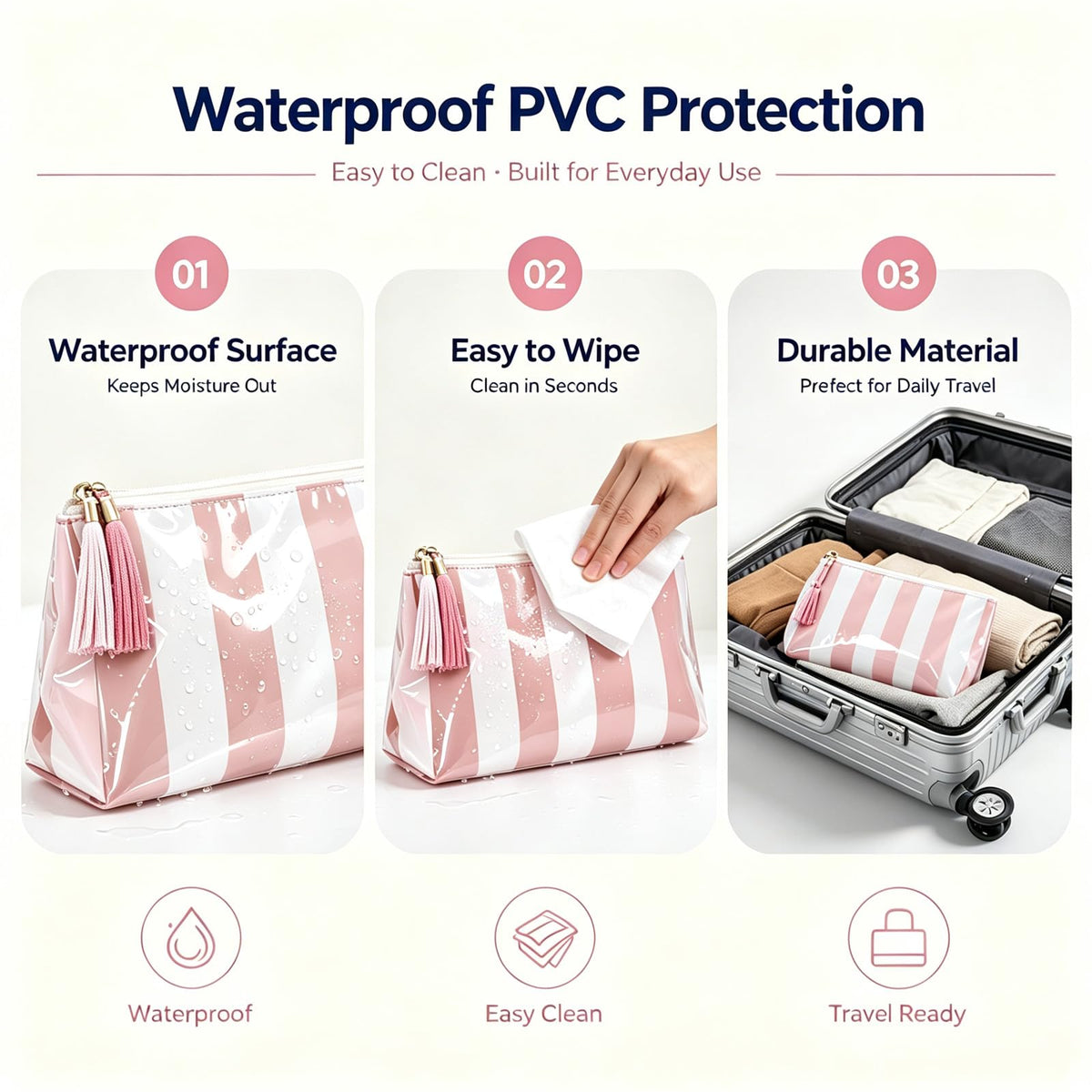 Beyinkoy Waterproof Makeup Bags, 2 PCS Striped Large Capacity Makeup Bag for Purse with Tassel Zipper, PVC Travel Toiletry Organizer Bag