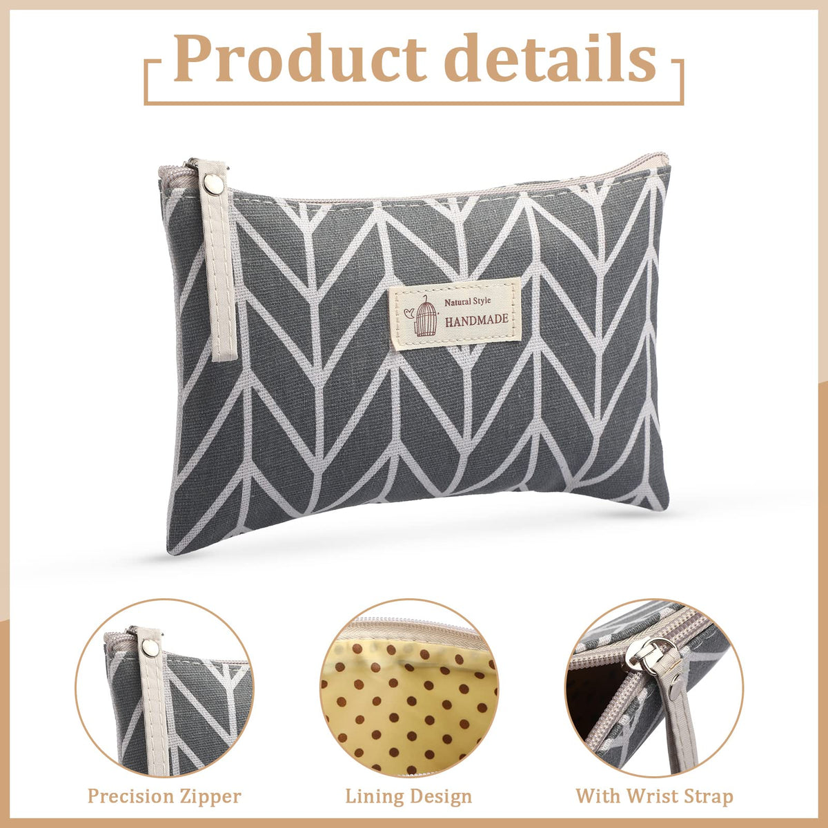 Boao 4 Pcs Canvas Makeup Bag Small Cosmetic Pouch for Purse,Big,Natural