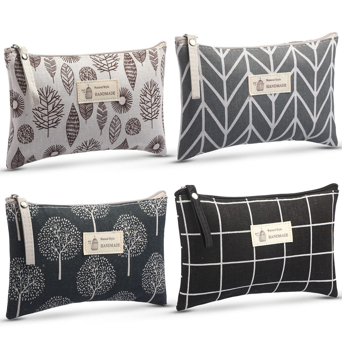 Boao 4 Pcs Canvas Makeup Bag Small Cosmetic Pouch for Purse,Big,Natural