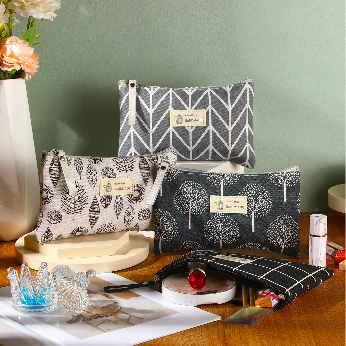 Boao 4 Pcs Canvas Makeup Bag Small Cosmetic Pouch for Purse,Big,Natural