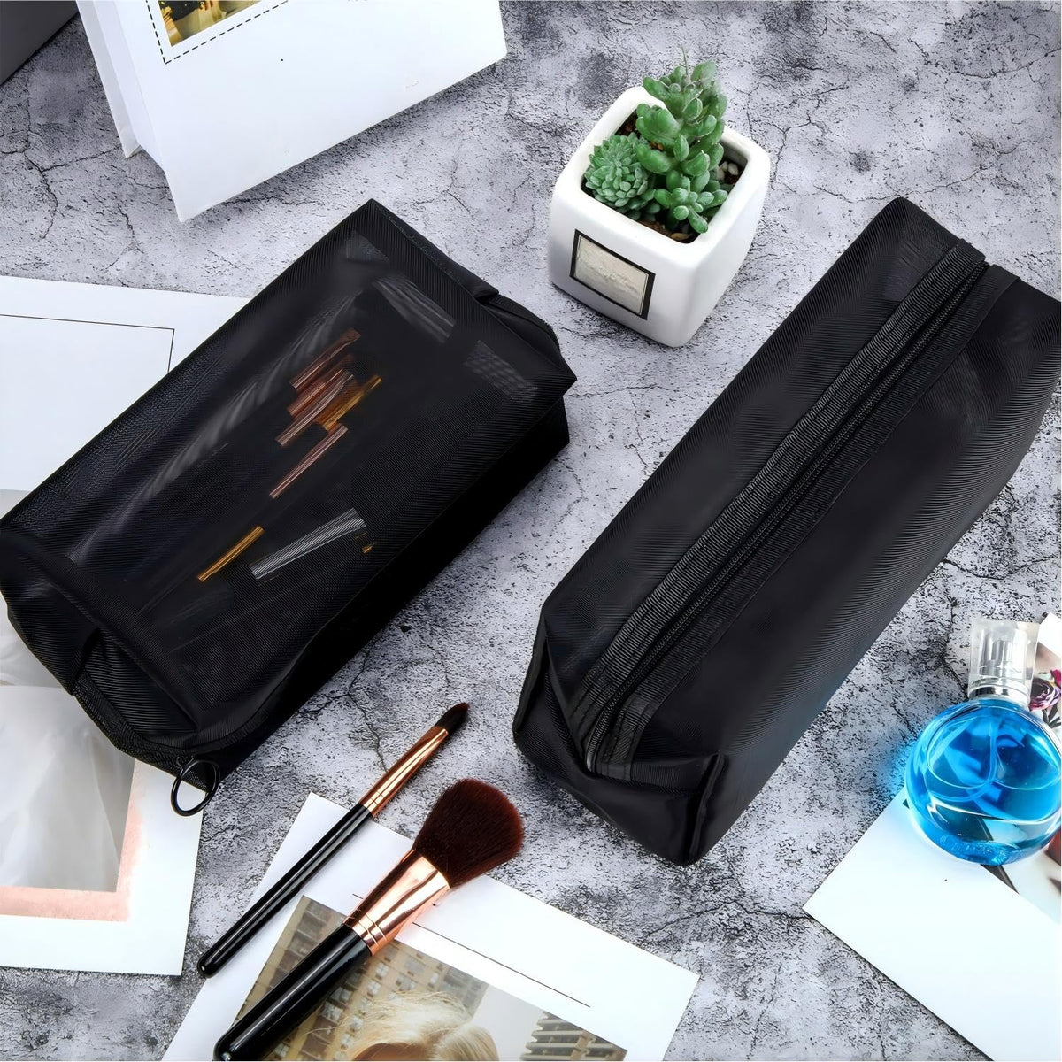 Boao 6 Pieces Mesh Zipper Makeup Bag Set For Travel, Black