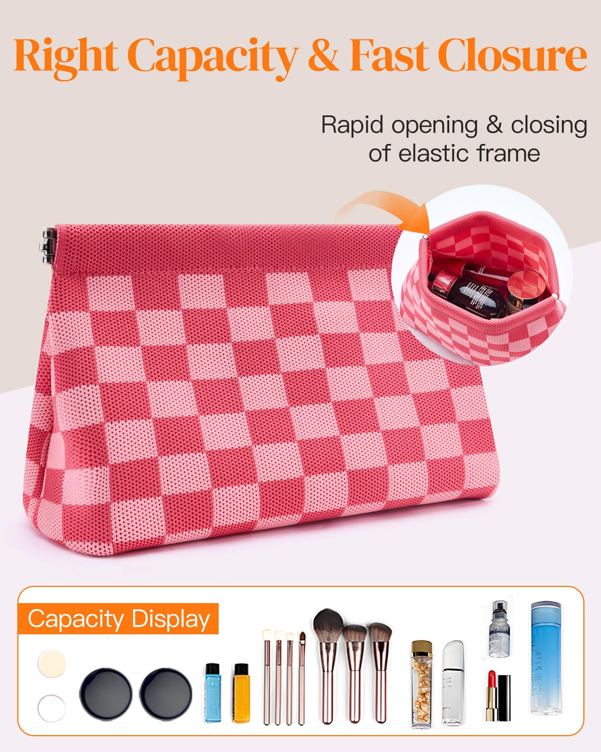 bohunono Small Makeup Bag for Purse,Cute Travel Makeup Pouch, Perfect Cosmetic & Toiletry Bag for Women, Lipstick Case & Brush Holder, Mini Vanity Organizer(LB_Dark Orange-Light Blue)