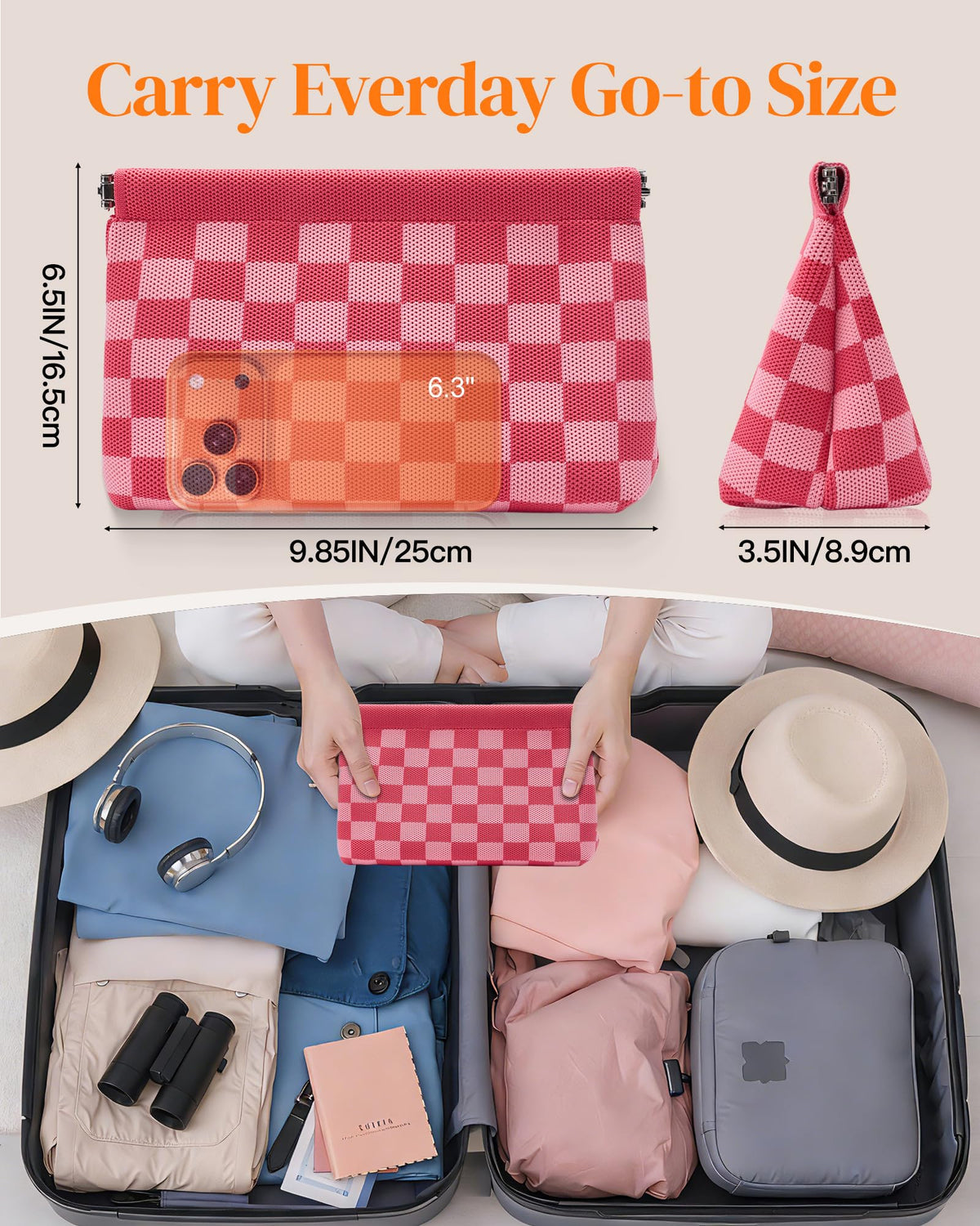 bohunono Small Makeup Bag for Purse,Cute Travel Makeup Pouch, Perfect Cosmetic & Toiletry Bag for Women, Lipstick Case & Brush Holder, Mini Vanity Organizer(LB_Dark Orange-Light Blue)