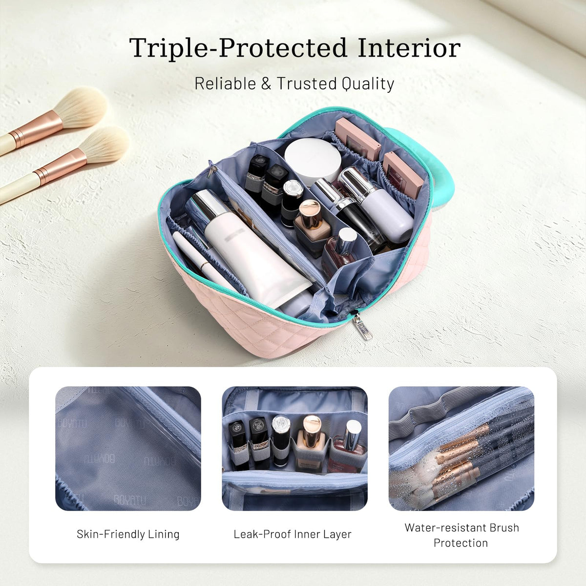 BOYATU Travel Makeup Bag for Women: 3-in-1 Cute Quilted Cosmetic Organizer