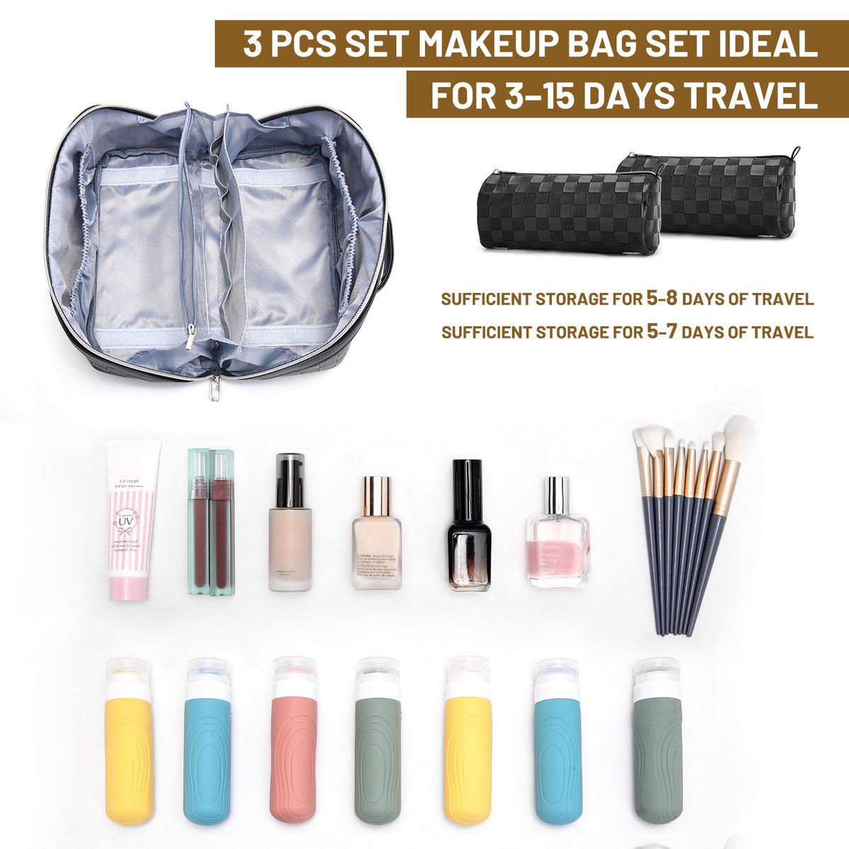 BOYATU Travel Makeup Bag Organizer: 180°Open-Flat 3 Pcs Make up Bags Set