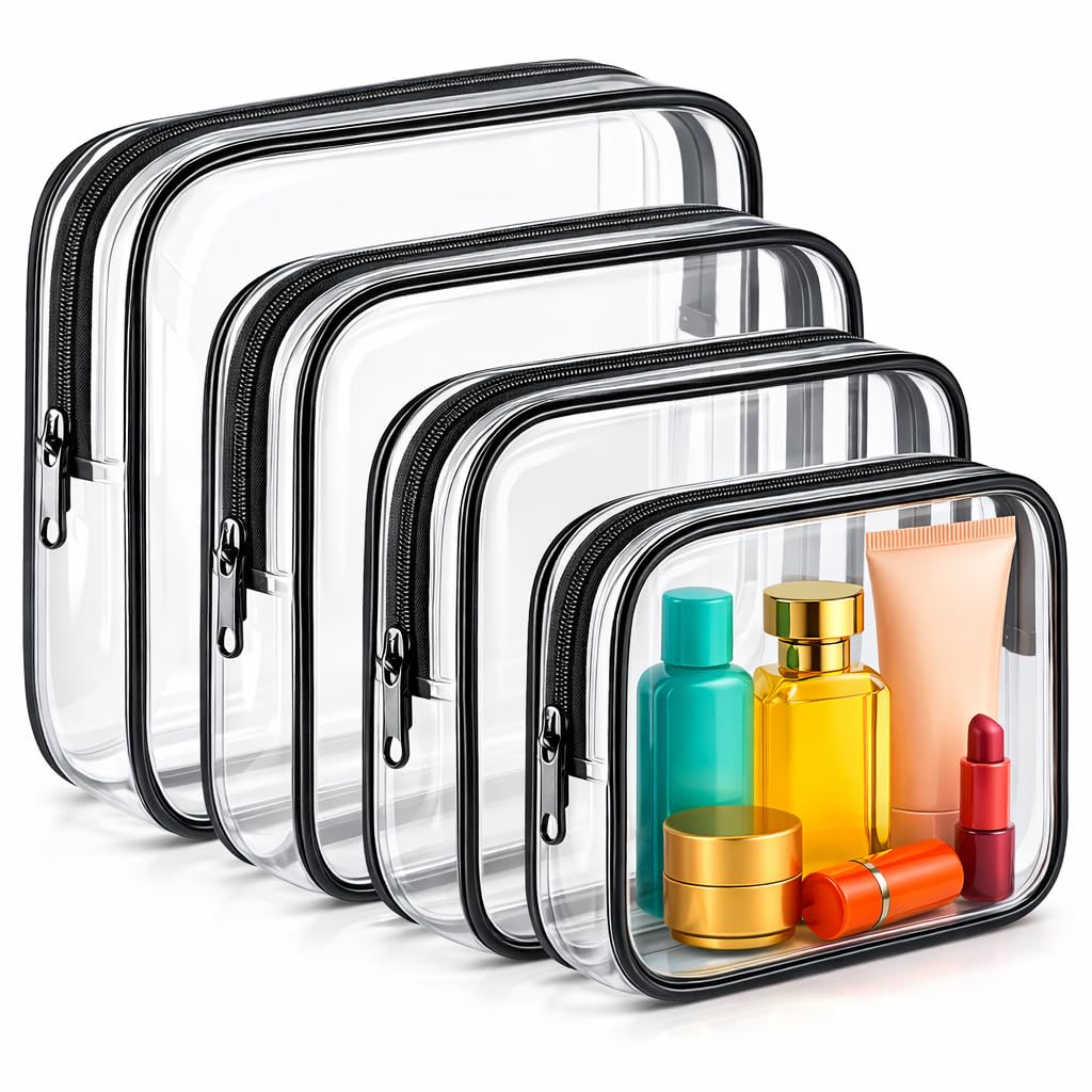 Clear Makeup Bag 4 Pack, TSA Approved Toiletry Bag for Women, Waterproof PVC Cosmetic Pouch Travel Organizer, Clear Bags for Diaper Bag Organizer Purse, Portable Zipper Pouch Set (L+M+M+S)
