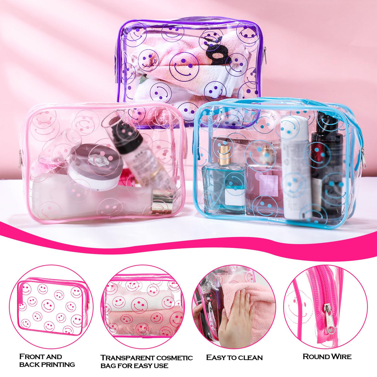 Cunno 6 Pcs Makeup Bags Gifts for Women Preppy Boho Smile Face Flamingo Clear Makeup Bags Cosmetic Transparent PVC Travel Toiletry Organizer for Birthday Party Favor(Smile Style)