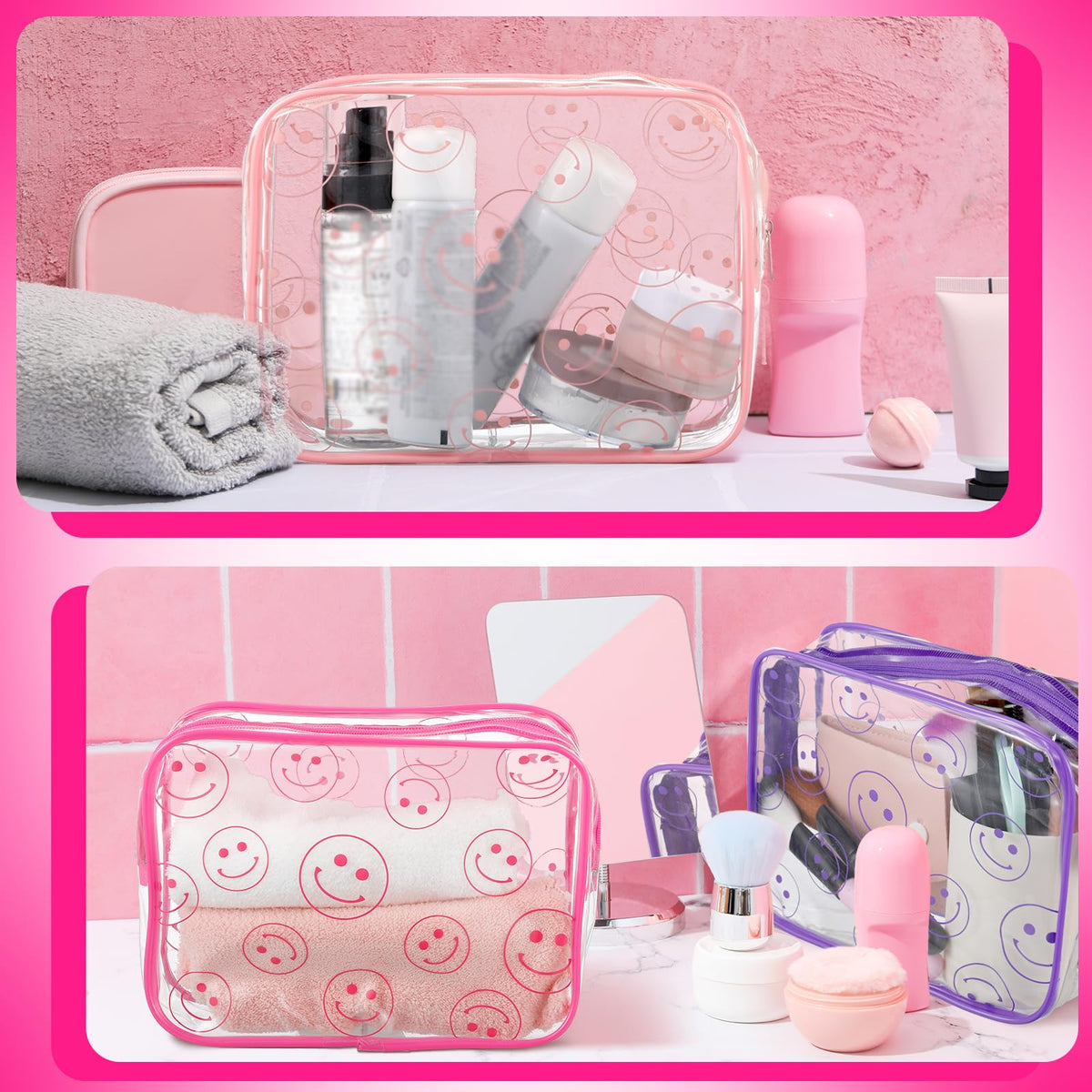 Cunno 6 Pcs Makeup Bags Gifts for Women Preppy Boho Smile Face Flamingo Clear Makeup Bags Cosmetic Transparent PVC Travel Toiletry Organizer for Birthday Party Favor(Smile Style)