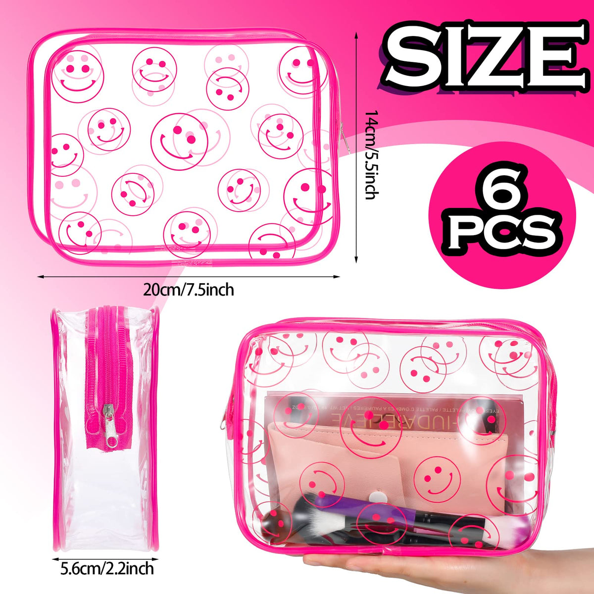 Cunno 6 Pcs Makeup Bags Gifts for Women Preppy Boho Smile Face Flamingo Clear Makeup Bags Cosmetic Transparent PVC Travel Toiletry Organizer for Birthday Party Favor(Smile Style)