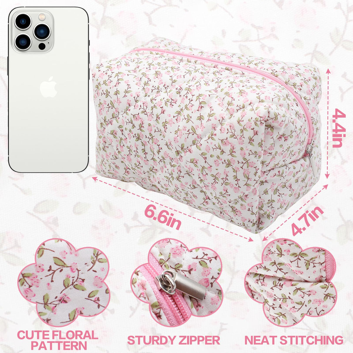 dark swan Cotton Quilted Makeup Bag, Cute Pouch Toiletry Bag Cosmetic Bag Quilted Floral Organizer Bag Travel Coquette Aesthetic Portable Storage Zipper Purse for Women (Pink)