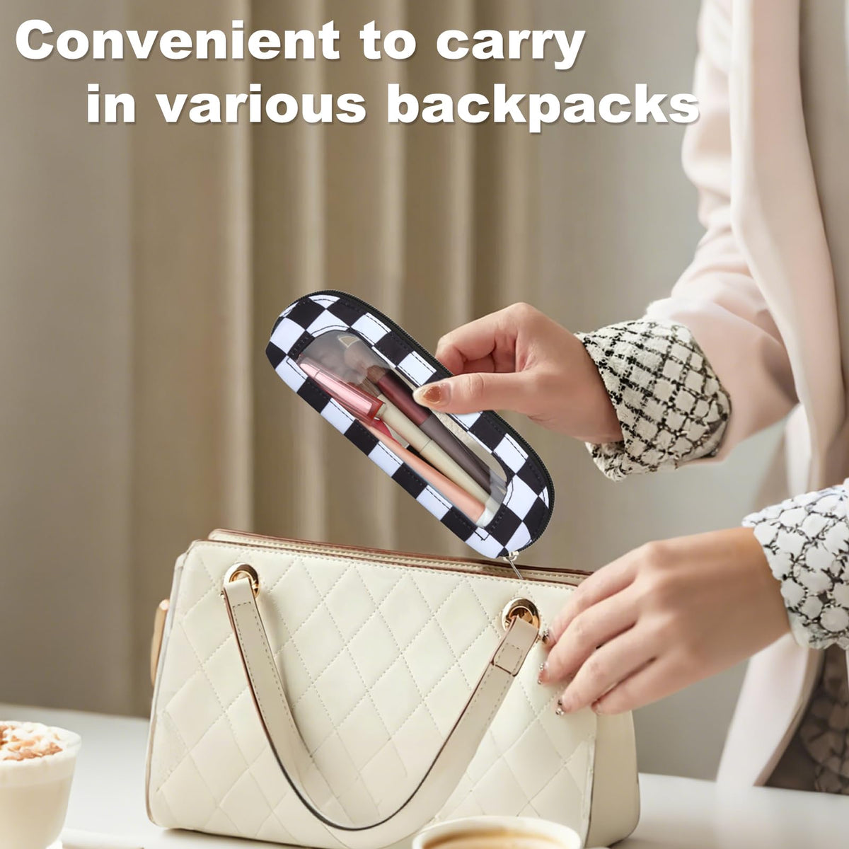 DOB SECHS Small Clear Makeup Bag for Purse Mini Checkered Brush Pouch for Travel Nylon Travel Cosmetic Organizer Pouches Holder Pencil Bag with Zipper Double Sided Clear Make-up Bags