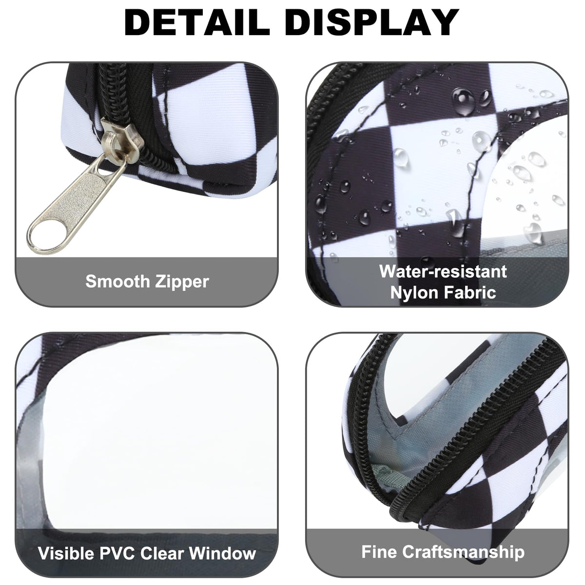 DOB SECHS Small Clear Makeup Bag for Purse Mini Checkered Brush Pouch for Travel Nylon Travel Cosmetic Organizer Pouches Holder Pencil Bag with Zipper Double Sided Clear Make-up Bags