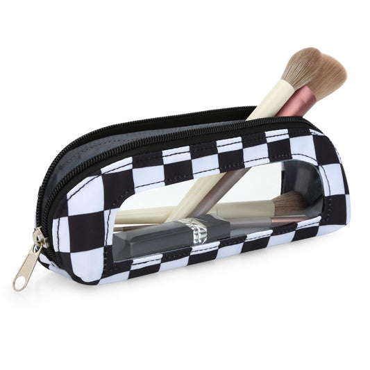DOB SECHS Small Clear Makeup Bag for Purse Mini Checkered Brush Pouch for Travel Nylon Travel Cosmetic Organizer Pouches Holder Pencil Bag with Zipper Double Sided Clear Make-up Bags