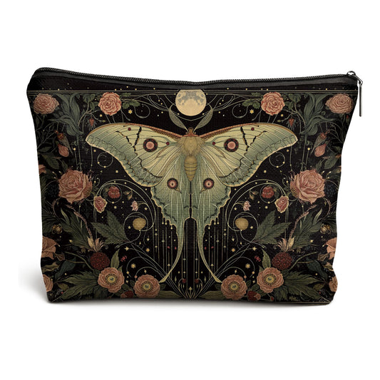 DOFQZ Gothic Floral Butterfly Makeup Bag, Dark Academia Witchy Moth Cosmetic Bag for Women, Vintage Art Nouveau Floral Celestial Luna Moth Toiletry Makeup Zipper Pouch