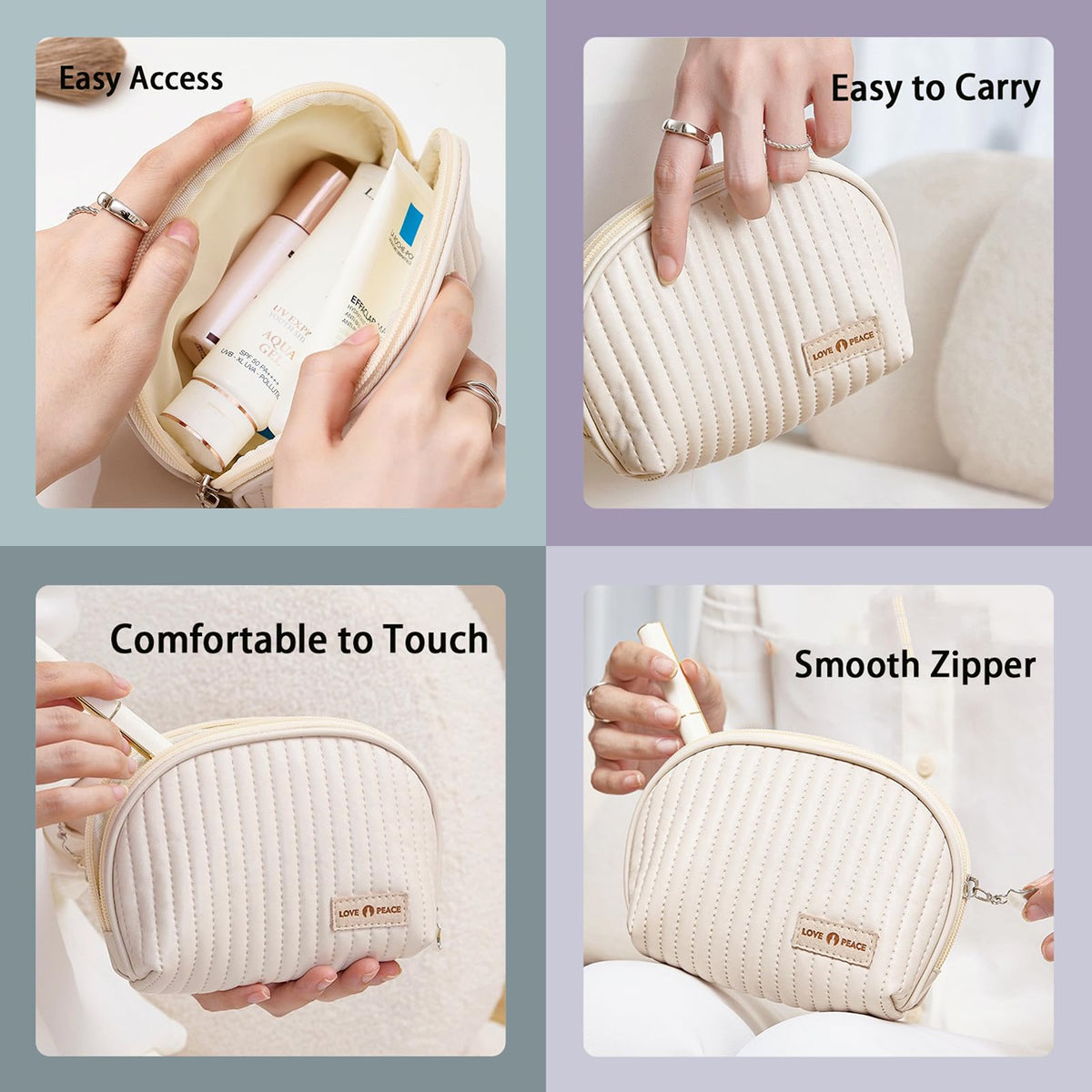 Duleylv Small Makeup Bag for Purse Mini Cosmetic Pouch Waterproof Makeup Organizer for Women Small Cosmetic Bag PU Leather Travel Makeup Bag Lipstick Bag with Zipper Beige