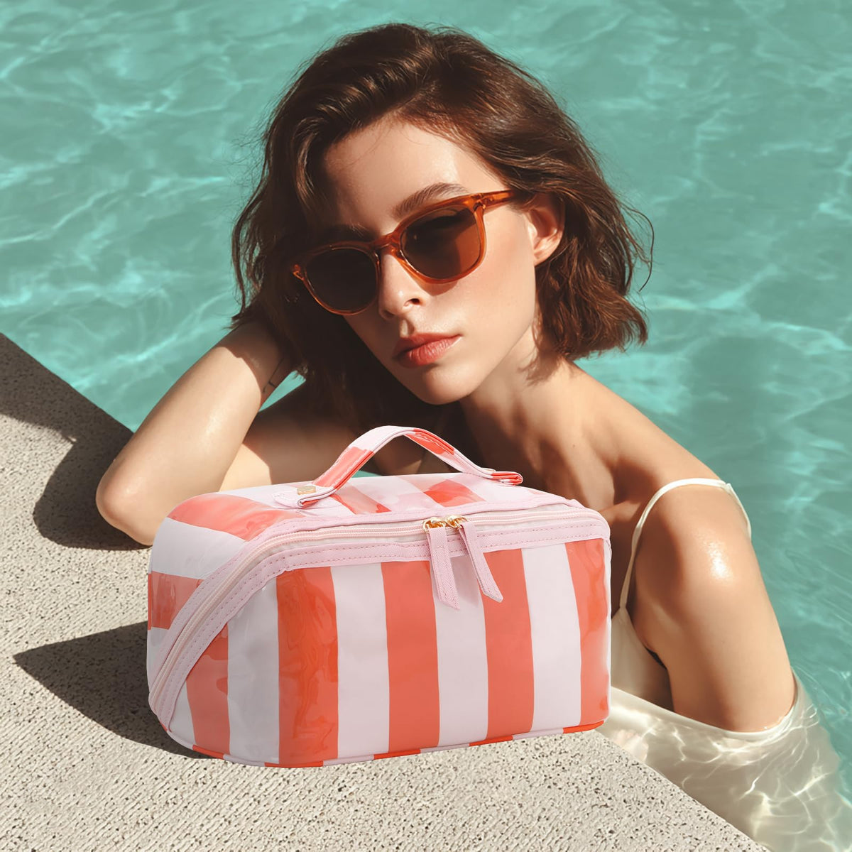 DYSHAYEN Travel Makeup Bag, Pink and Orange Striped