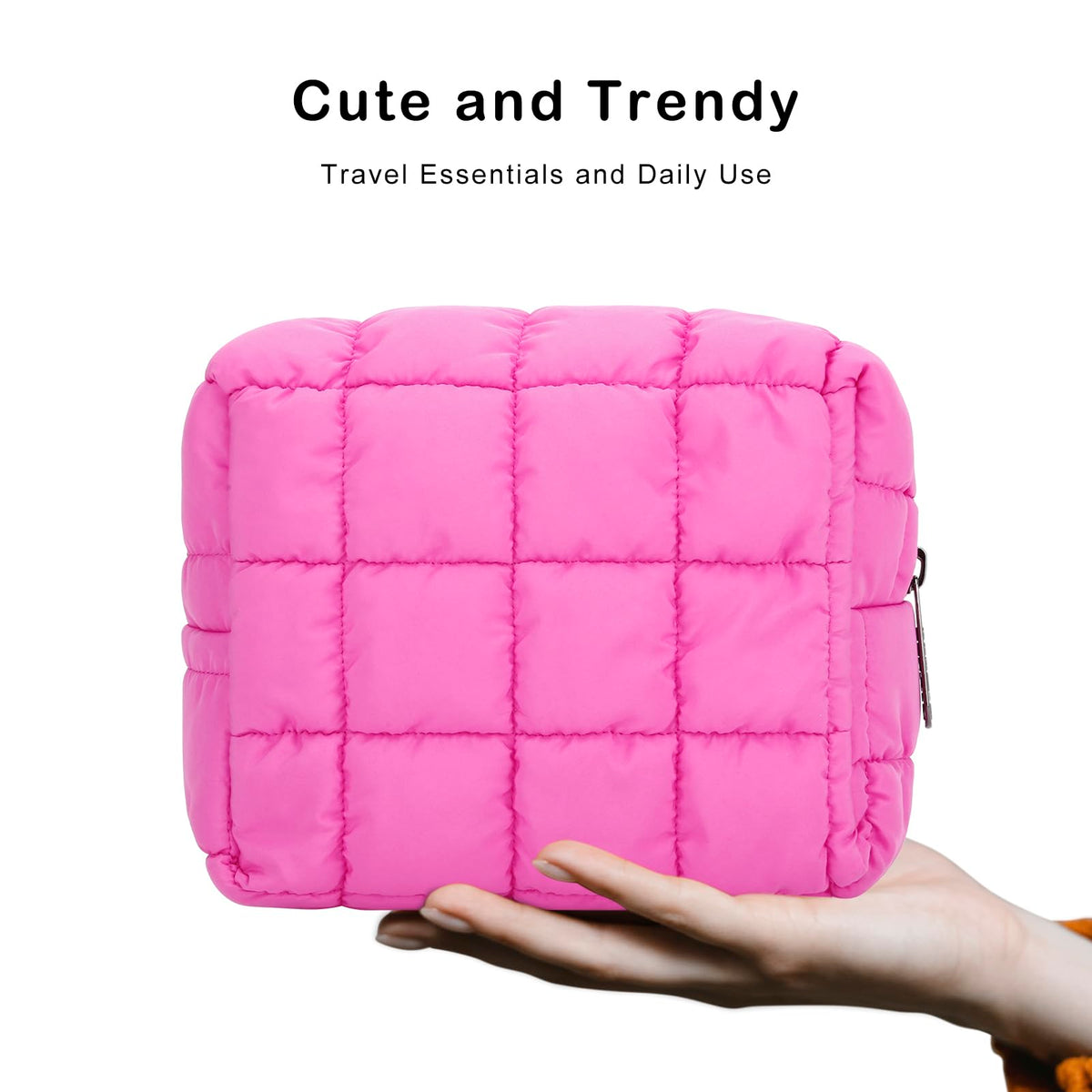 E-Tree Cute Makeup Bag,Quilted Cosmetic Bag,Make up Pouch for Purse,Toiletry Zipper Pouch,Checkered Bag,Travel Case,Storage Pouches for Organization (Hot Pink)