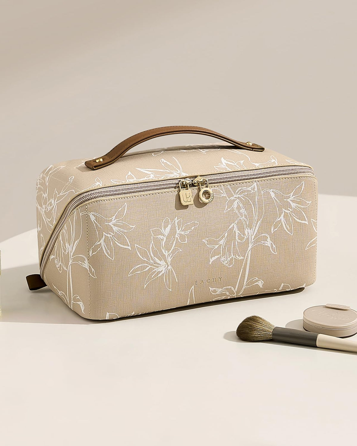 EACHY Travel Makeup Bag, Floral Cosmetic Bag for Women, Brown, Large